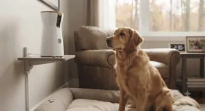 A dog looking attentively at a mounted treat-tossing camera while waiting for its owner to return home.