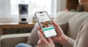 Mobile phone displaying real-time motion and sound notification alerts from a treat dispensing pet camera.
