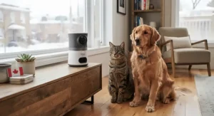 A cat and dog sitting together patiently in front of a treat dispensing pet camera in a Canadian apartment.