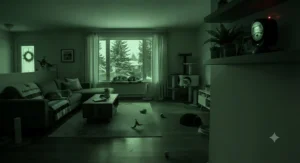 Infrared night vision mode on a 360 camera capturing a multi-cat household resting at night.
