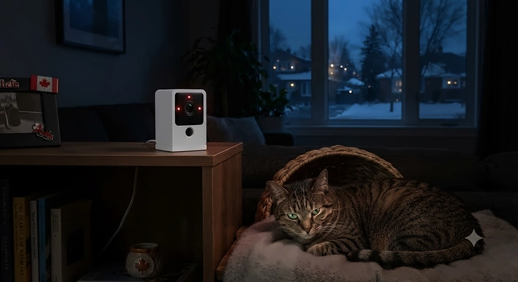 A reliable night vision cat camera under $120 CAD monitoring a cat in a dark room in a Canadian home.