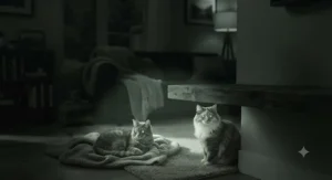 Infrared night vision view of a treat camera monitoring multiple cats in a dark room.