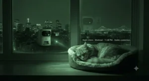 An infrared night vision view through an interactive camera for anxious cats watching over a sleeping feline in Montreal at night.