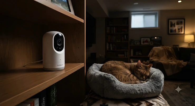 A modern night vision pet camera for basements monitoring a cat in a dimly lit Canadian home.