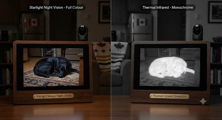 A side-by-side comparison illustrating a night vision pet camera versus an infrared pet camera in a Canadian living room setup. night vision pet camera vs infrared pet camera