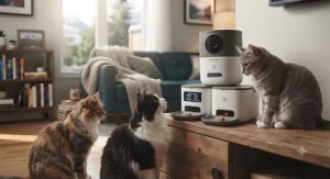 A multi-cat household showing cats receiving individual treats from an automated camera dispenser.