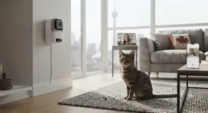 A cat sitting patiently in front of a treat camera for training cats, practicing positive reinforcement commands.