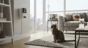 An indoor security and treat camera for training cats helping to calm a stressed cat in a modern Canadian apartment.