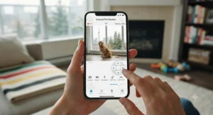 Mobile smartphone screen displaying remote pan-and-tilt controls for a 360-degree pet camera.