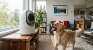 A rotating pet security camera tracking a playful cat across a Canadian apartment hardwood floor.
