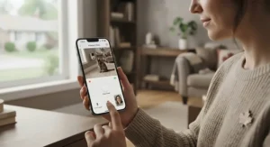 A smartphone screen displaying a live video feed from a treat camera for training cats, used by a Canadian pet owner to monitor their feline.