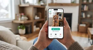 Smartphone screen displaying a live video feed from a treat dispensing pet camera while the owner is away.
