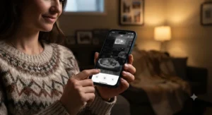 A smartphone displaying a live feed from a night vision pet camera for basements while checked by a pet owner in Canada.