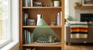 A sleek, stationary fixed-lens pet camera sitting on a wooden bookshelf monitoring a cat.