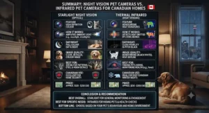 A complete summary chart comparing features, pricing, and benefits of night vision pet cameras versus infrared pet cameras for Canadian consumers.