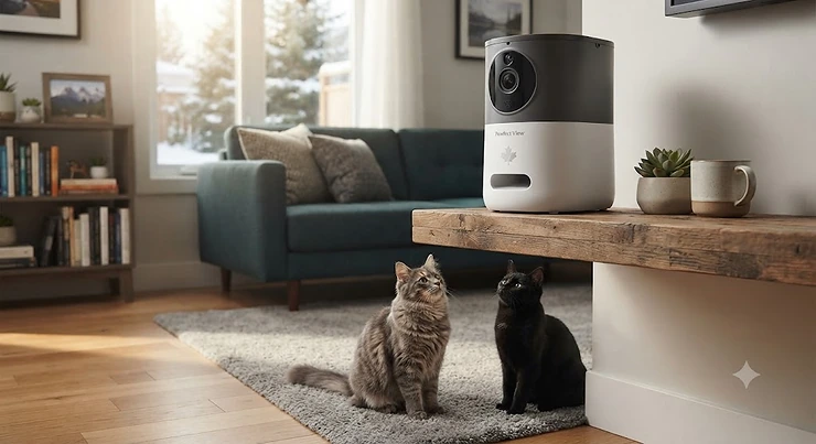 Illustration of a treat camera for multiple cats resting on a shelf in a modern Canadian home. treat camera for multiple cats