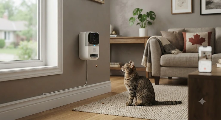A treat camera for training cats mounted on a living room wall in a Canadian home, showing a dispenser ready to reward pet behavior.