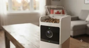 Close-up of a smart treat-dispensing dog camera showing its built-in treat compartment and wide-angle lens.