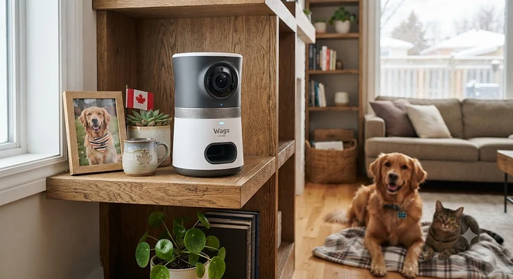 Treat dispensing pet camera sitting on a living room shelf in a Canadian home, ready to monitor pets.