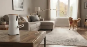 Demonstration of a treat-launching camera flinging dry kibble across a living space for remote pet engagement.