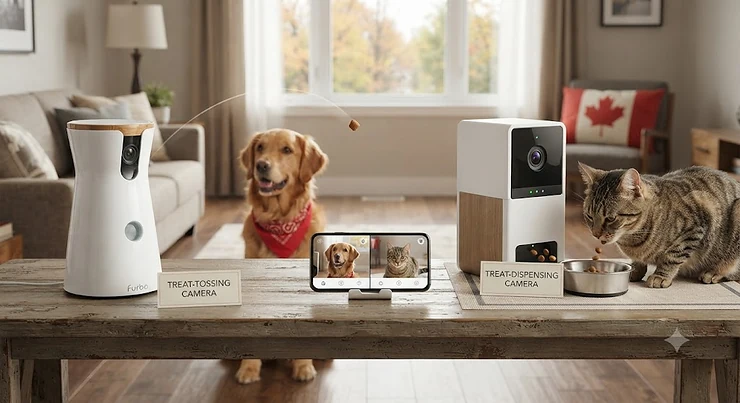 A side-by-side comparison of a treat-tossing camera and a treat-dispensing camera for pets in a Canadian living room. treat tossing camera vs treat dispensing camera