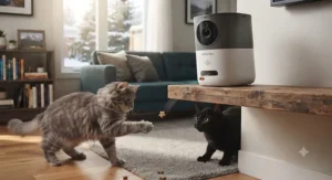 Two cats playfully crowding around a treat camera as treats are launched across the floor.