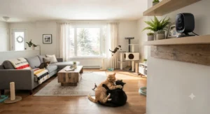 Two playful cats wrestling near a sleek 360 camera placed on a wooden shelf in a Canadian home.