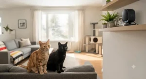 Pet owner speaking through a 360 camera's two-way audio system to calm anxious cats at home.