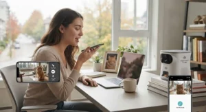 A pet owner speaking softly through a two-way audio interactive camera for anxious cats while away from home.