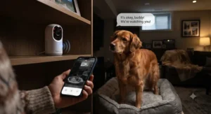 A night vision pet camera for basements featuring two-way audio to comfort a barking dog in a finished basement.