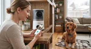 Pet owner speaking into a smartphone app to soothe an anxious dog through a treat dispensing pet camera.