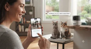 A pet owner using two-way audio on a treat camera to talk to their multiple cats while away.