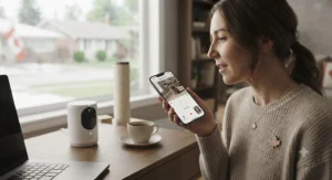 A pet owner speaking into a smartphone to use the two-way audio feature on a treat camera for training cats while away from home.