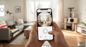 Smartphone displaying a live 360 camera feed monitoring multiple cats with pan and tilt features.