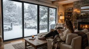 A 360 pet camera for large rooms keeping watch during a snowy Canadian winter afternoon