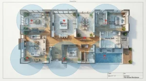 Illustrating coverage radius for a 360 pet camera for large rooms across a spacious floor plan