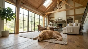 A 360 pet camera for large rooms monitoring an open-concept living space in a Canadian home