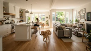 A 360 pet camera for large rooms tracking a dog across a modern open-concept floor plan