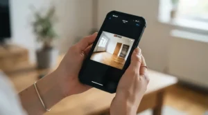 Checking a smartphone app linked to a 360 pet camera for large rooms while away