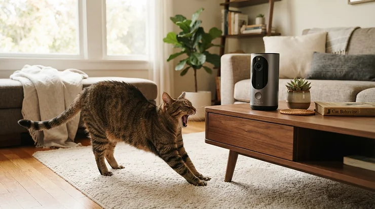 Using a 360 pet camera for large rooms to watch a cat in a wide-angle spacious house