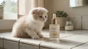An affordable bottle of the best cat shampoo sitting on a bathroom counter next to a fluffy kitten.