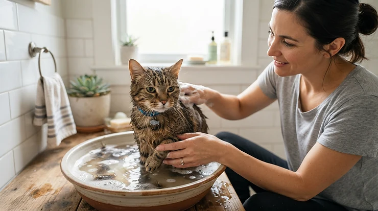 A fluffy tabby cat enjoying a gentle bath, showcasing why this is considered the best cat shampoo for Canadian pets.