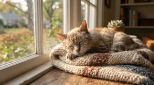 An older senior cat relaxing comfortably after being washed with the best cat shampoo.