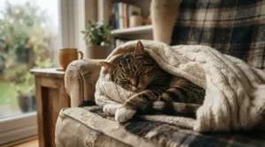 A cozy indoor scene with a cat wrapped in a towel, demonstrating winter coat care using the best cat shampoo.