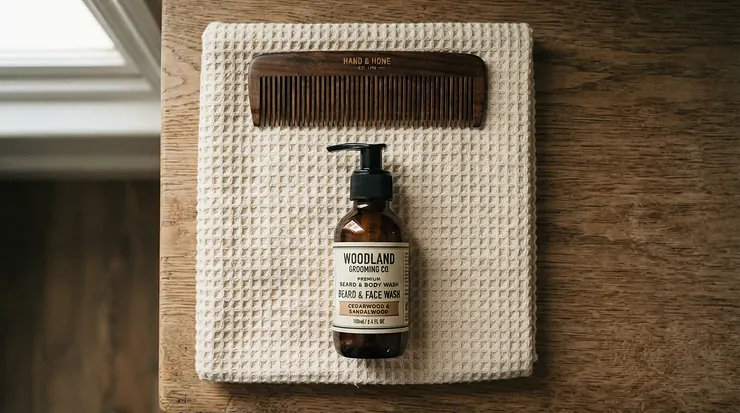 A flea comb paired with flea shampoo for cats on a wooden grooming table.
