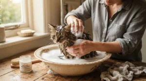 Demonstrating a fast-acting flea shampoo for cats during a gentle lathering process.