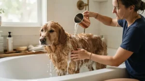 Rinsing natural flea shampoo for cats carefully with warm water in a basin.