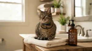 A health approved flea shampoo for cats sitting next to a relaxed feline in a Canadian home.