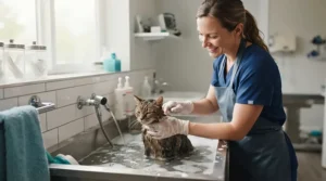 A veterinarian holding hypoallergenic cat shampoo for sensitive skin during a gentle bath in a Vancouver clinic.