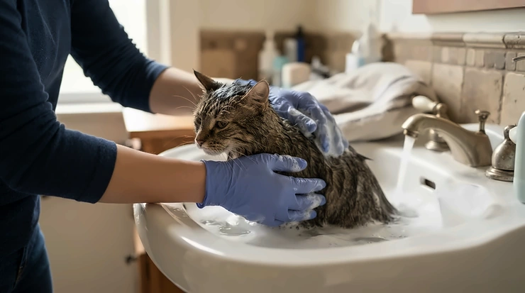 A veterinarian holding a bottle of hypoallergenic cat shampoo for sensitive skin during a gentle feline bath in a bright clinic.